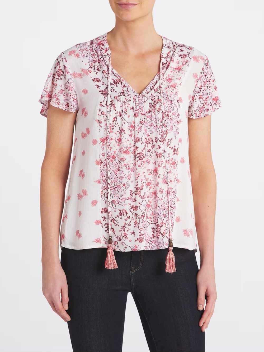 Mason & Belle Boho Floral Tie-Neck Flowy Lightweight Short Sleeve Blouse Top XL